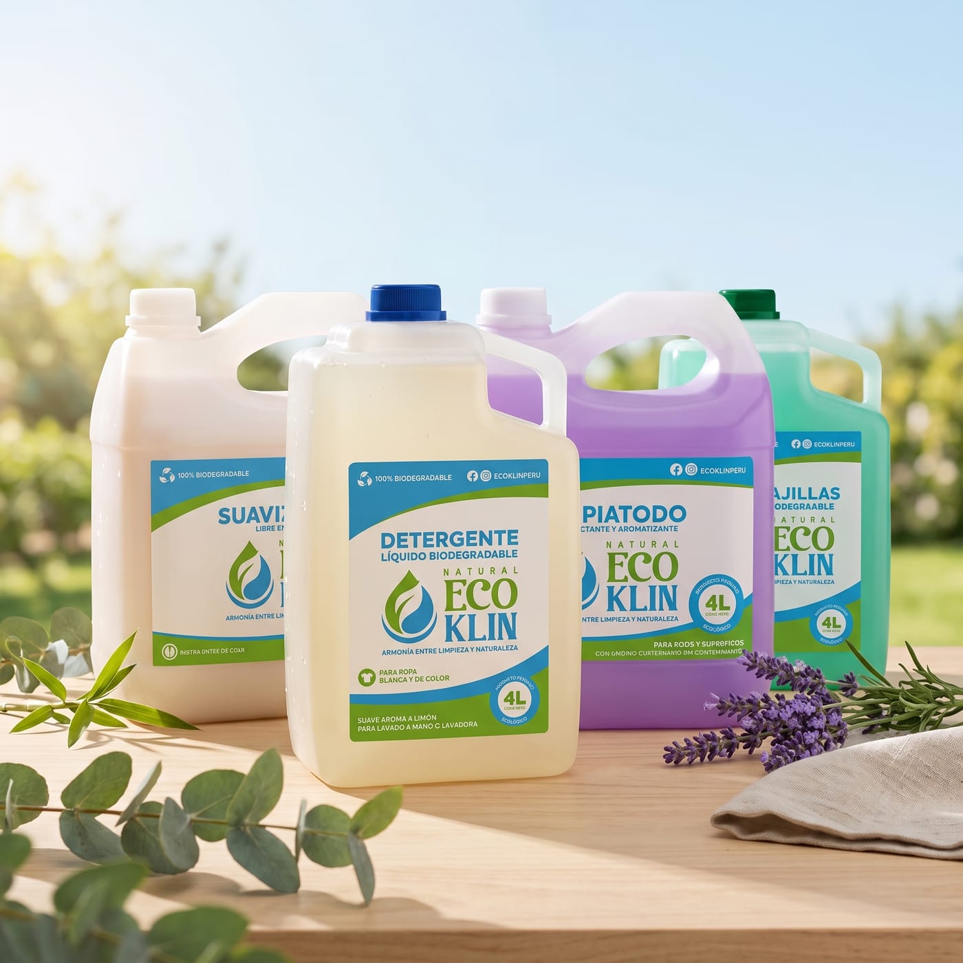 Full Pack Eco Klin: detergente, suavizante, lavavajilla y limpiatodo de 4L sobre una mesa de madera, en un jardín al sol de primavera